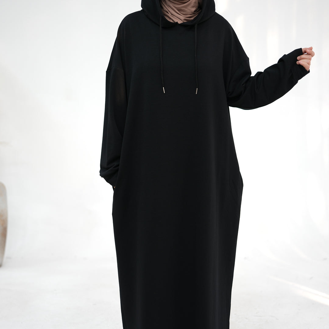 Get trendy with Alora Poly Hoodie Abaya - Black -  available at Voilee NY. Grab yours for $49.90 today!