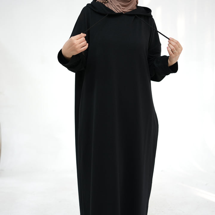 Get trendy with Alora Poly Hoodie Abaya - Black -  available at Voilee NY. Grab yours for $49.90 today!