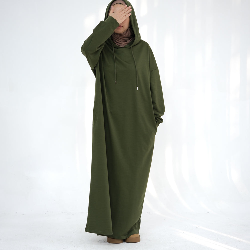 Get trendy with Alora Poly Hoodie Abaya - Olive -  available at Voilee NY. Grab yours for $49.90 today!