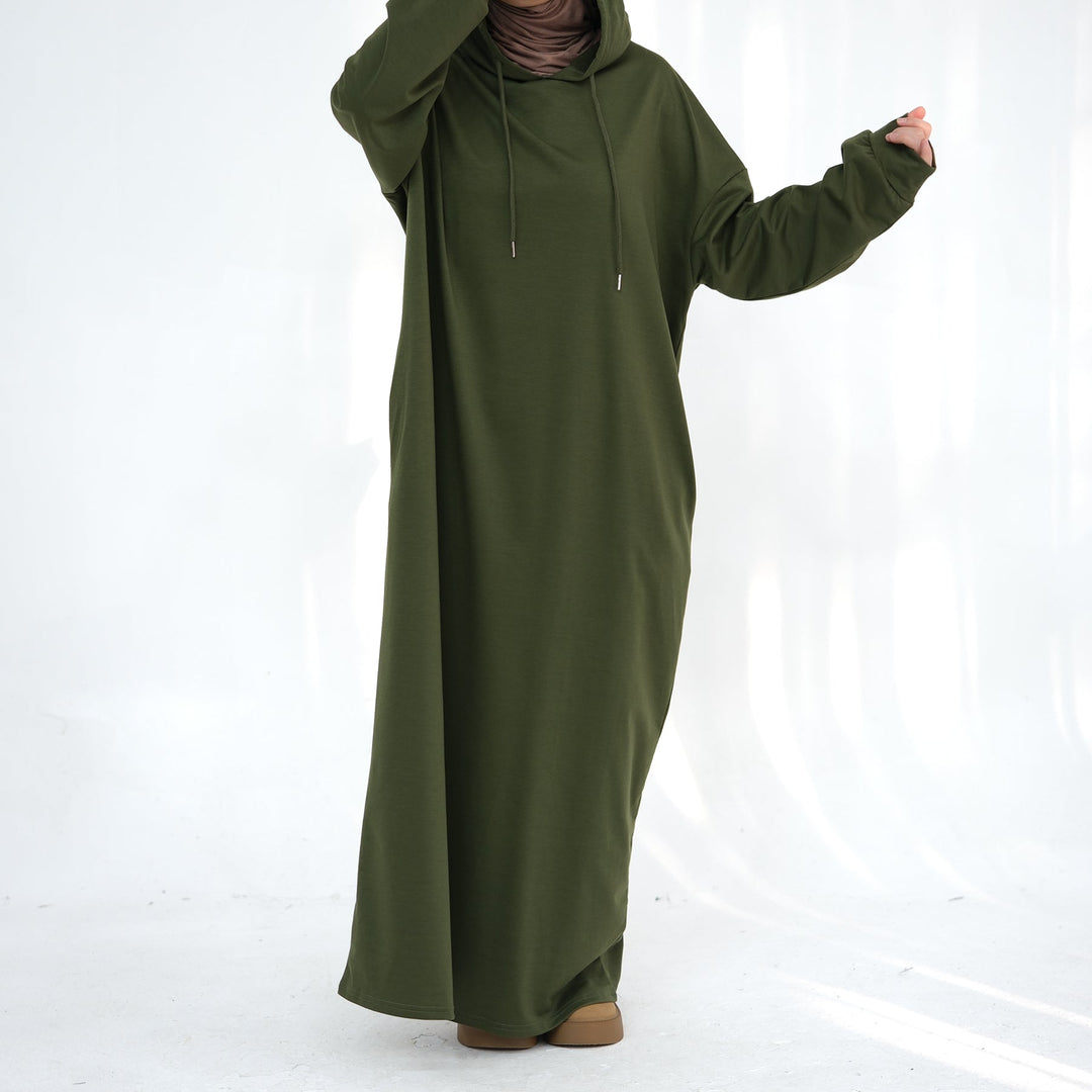 Get trendy with Alora Poly Hoodie Abaya - Olive -  available at Voilee NY. Grab yours for $49.90 today!