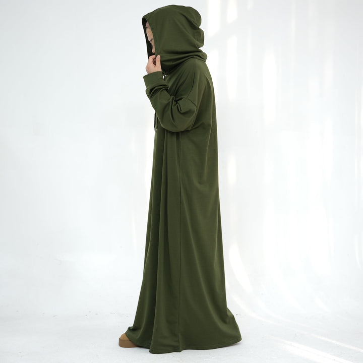 Get trendy with Alora Poly Hoodie Abaya - Olive -  available at Voilee NY. Grab yours for $49.90 today!