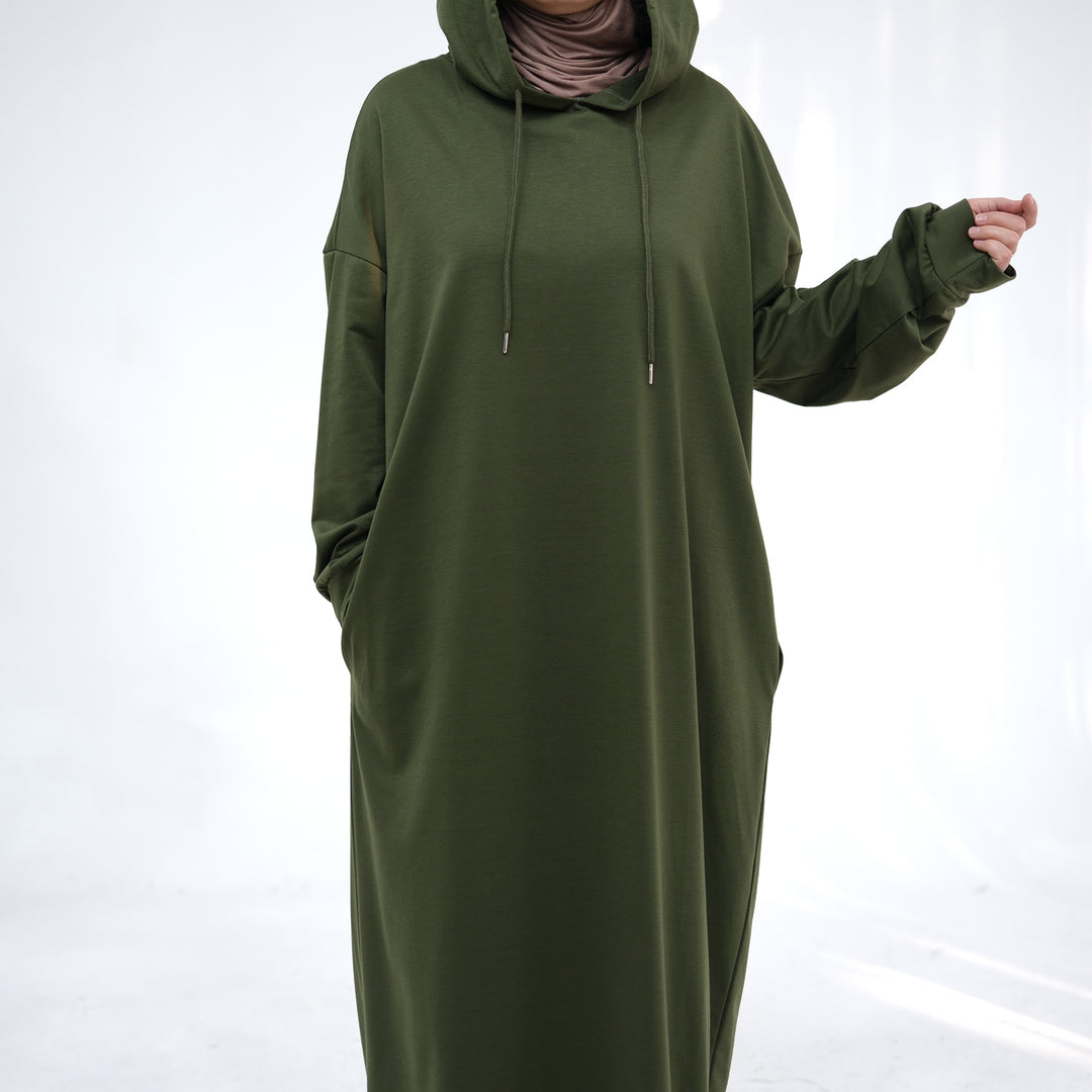 Get trendy with Alora Poly Hoodie Abaya - Olive -  available at Voilee NY. Grab yours for $49.90 today!