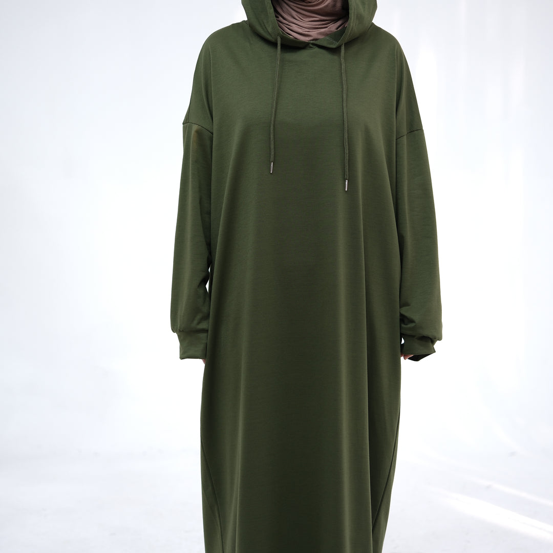 Get trendy with Alora Poly Hoodie Abaya - Olive -  available at Voilee NY. Grab yours for $49.90 today!