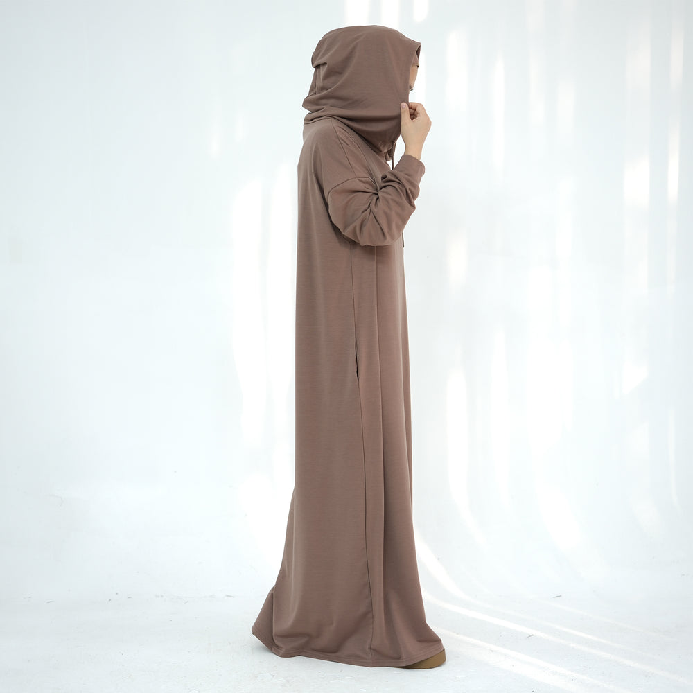 Get trendy with Alora Poly Hoodie Abaya - Taupe -  available at Voilee NY. Grab yours for $49.90 today!