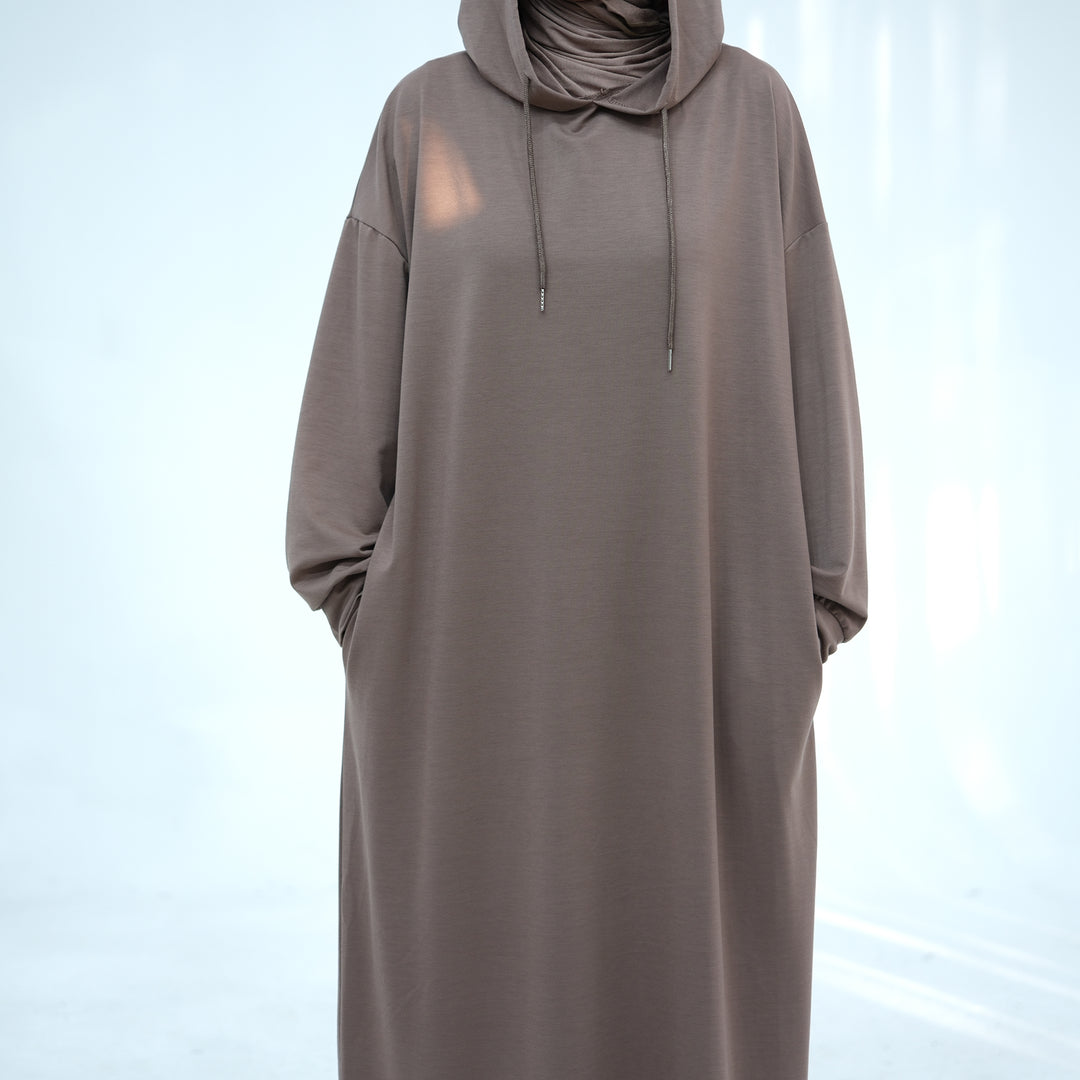 Get trendy with Alora Poly Hoodie Abaya - Taupe -  available at Voilee NY. Grab yours for $49.90 today!