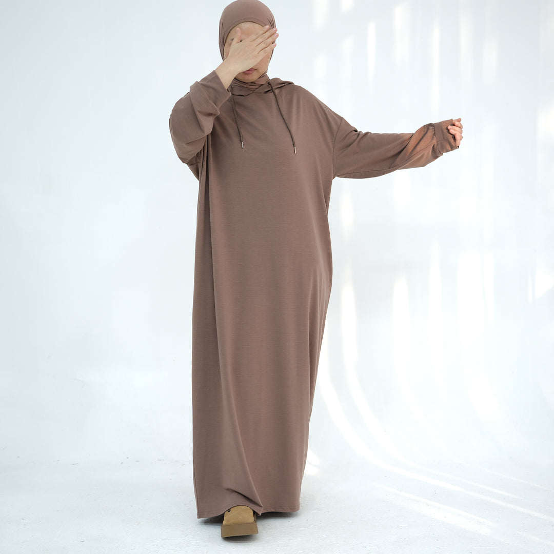 Get trendy with Alora Poly Hoodie Abaya - Taupe -  available at Voilee NY. Grab yours for $49.90 today!