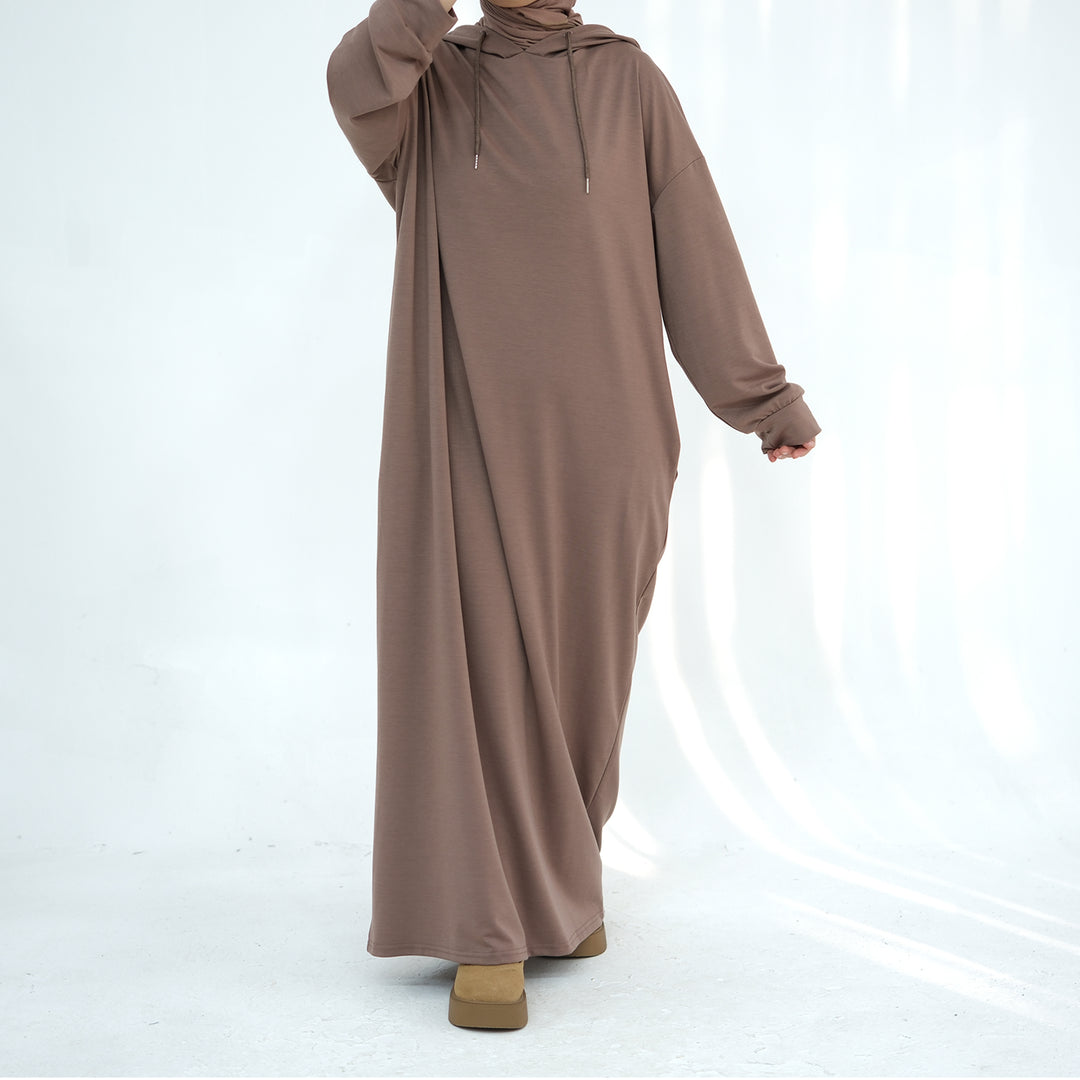 Get trendy with Alora Poly Hoodie Abaya - Taupe -  available at Voilee NY. Grab yours for $49.90 today!