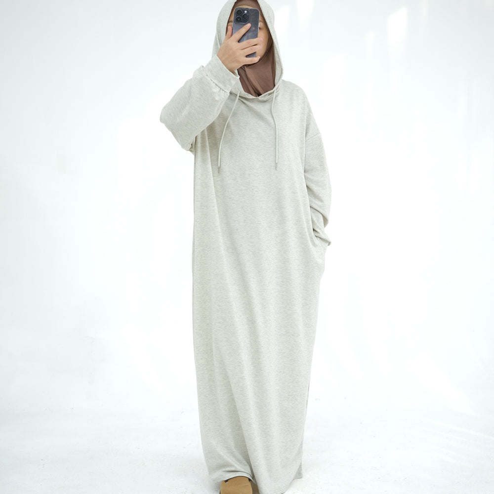 Get trendy with Alora Poly Hoodie Abaya - Light Heather Gray -  available at Voilee NY. Grab yours for $49.90 today!