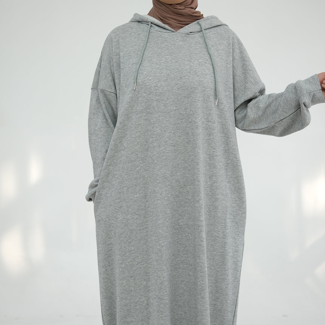 Get trendy with Alora Cotton Hoodie Abaya - Heather Gray -  available at Voilee NY. Grab yours for $59.90 today!