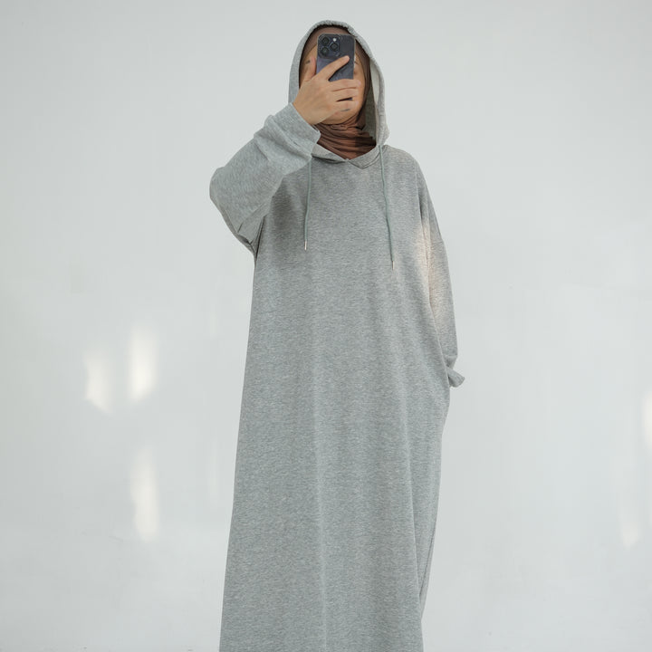 Get trendy with Alora Cotton Hoodie Abaya - Heather Gray -  available at Voilee NY. Grab yours for $59.90 today!