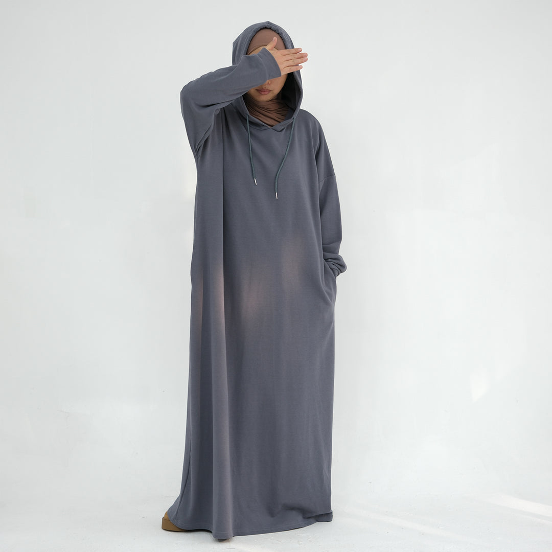 Get trendy with Alora Cotton Hoodie Abaya - Dark Gray -  available at Voilee NY. Grab yours for $59.90 today!