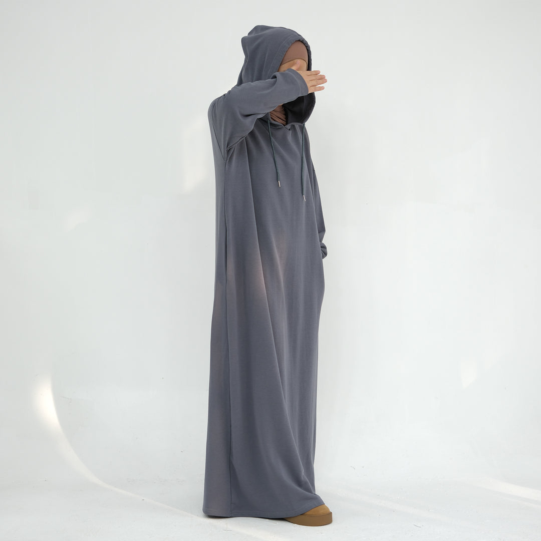 Get trendy with Alora Cotton Hoodie Abaya - Dark Gray -  available at Voilee NY. Grab yours for $59.90 today!