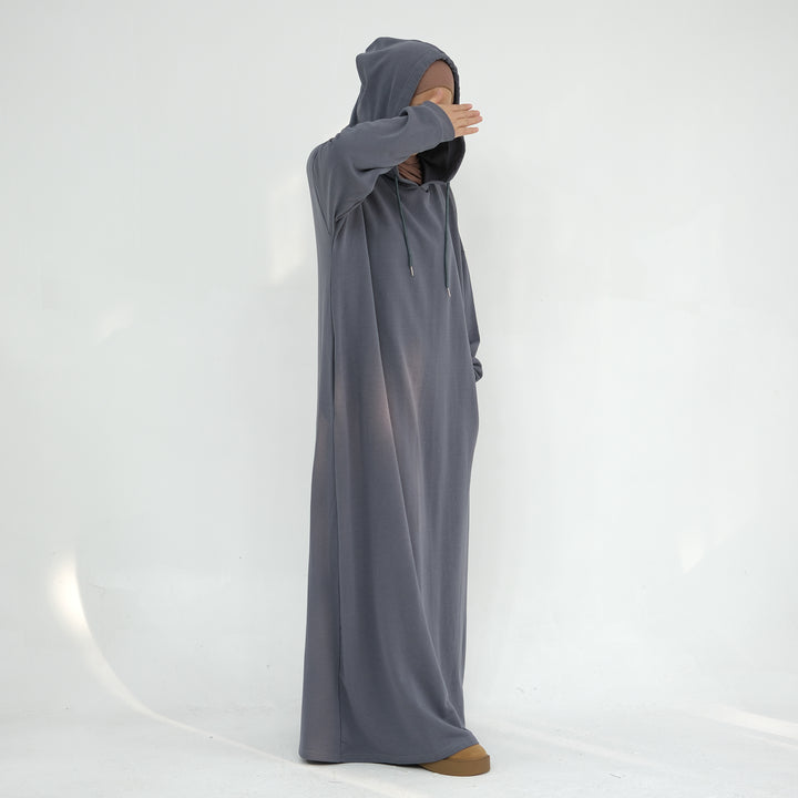 Get trendy with Alora Cotton Hoodie Abaya - Dark Gray -  available at Voilee NY. Grab yours for $59.90 today!