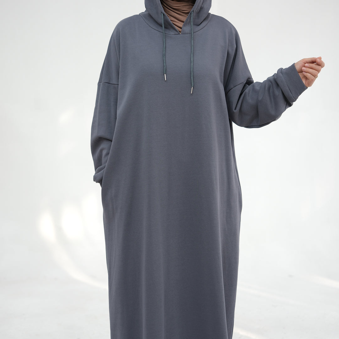 Get trendy with Alora Cotton Hoodie Abaya - Dark Gray -  available at Voilee NY. Grab yours for $59.90 today!