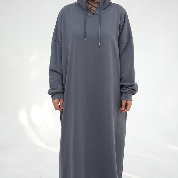 Get trendy with Alora Cotton Hoodie Abaya - Dark Gray -  available at Voilee NY. Grab yours for $59.90 today!