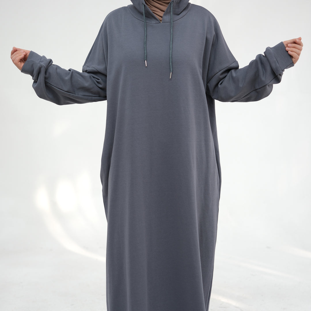 Get trendy with Alora Cotton Hoodie Abaya - Dark Gray -  available at Voilee NY. Grab yours for $59.90 today!