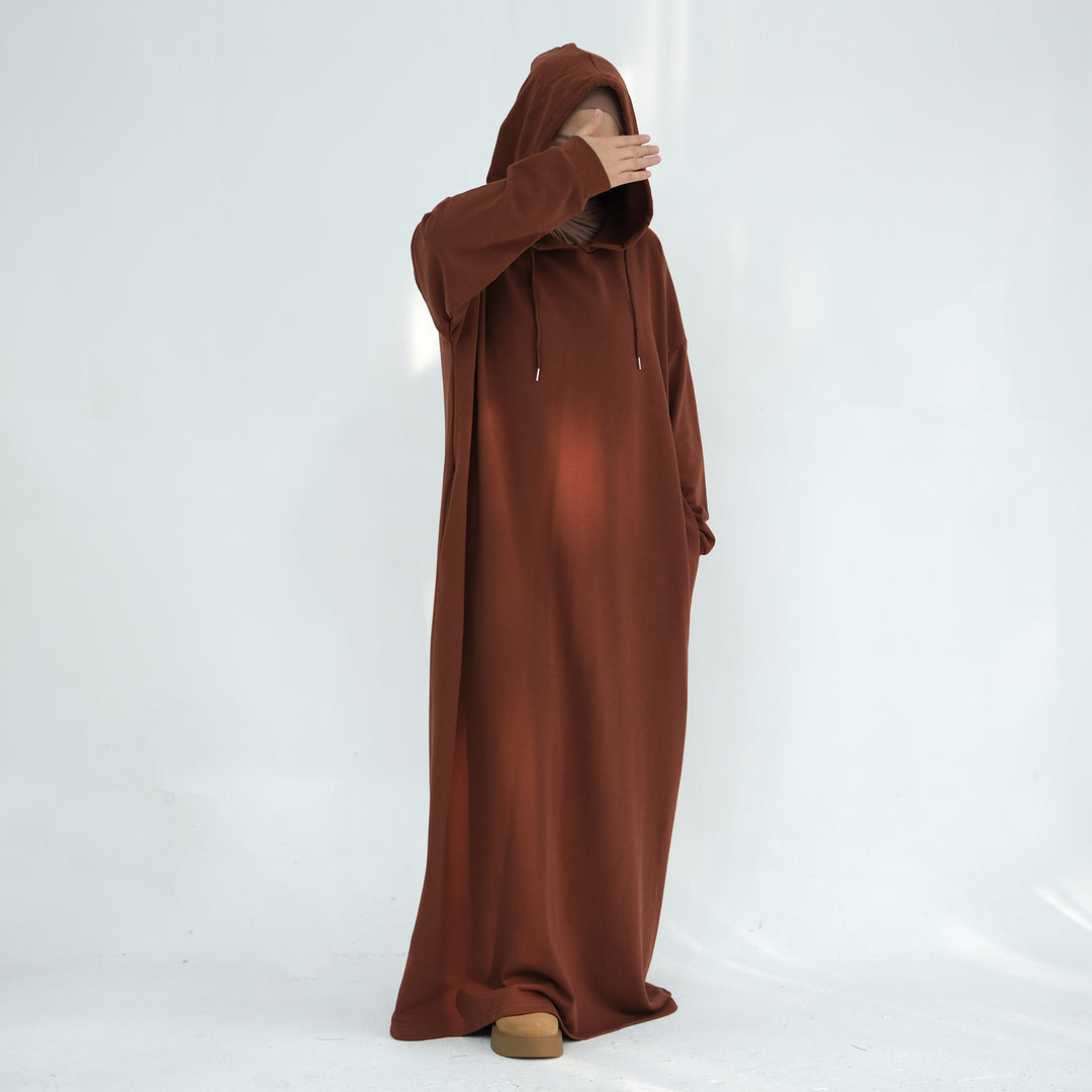 Get trendy with Alora Cotton Hoodie Abaya - Brown -  available at Voilee NY. Grab yours for $59.90 today!