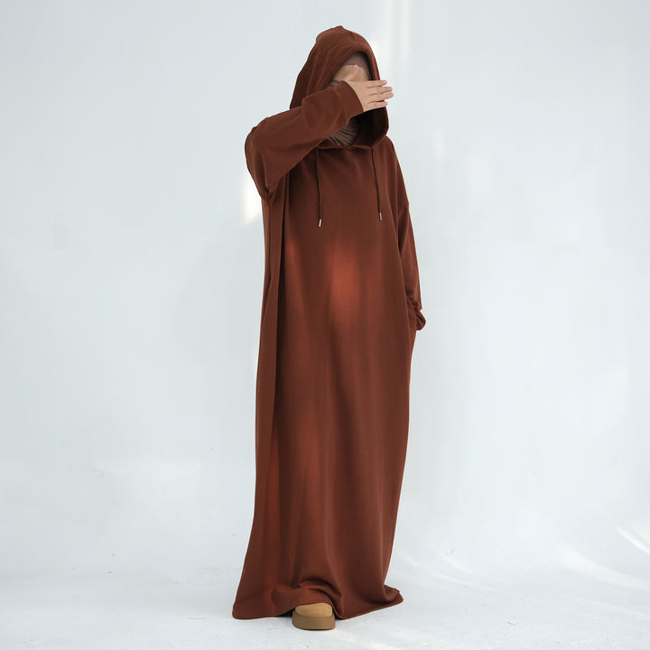 Get trendy with Alora Cotton Hoodie Abaya - Brown -  available at Voilee NY. Grab yours for $59.90 today!