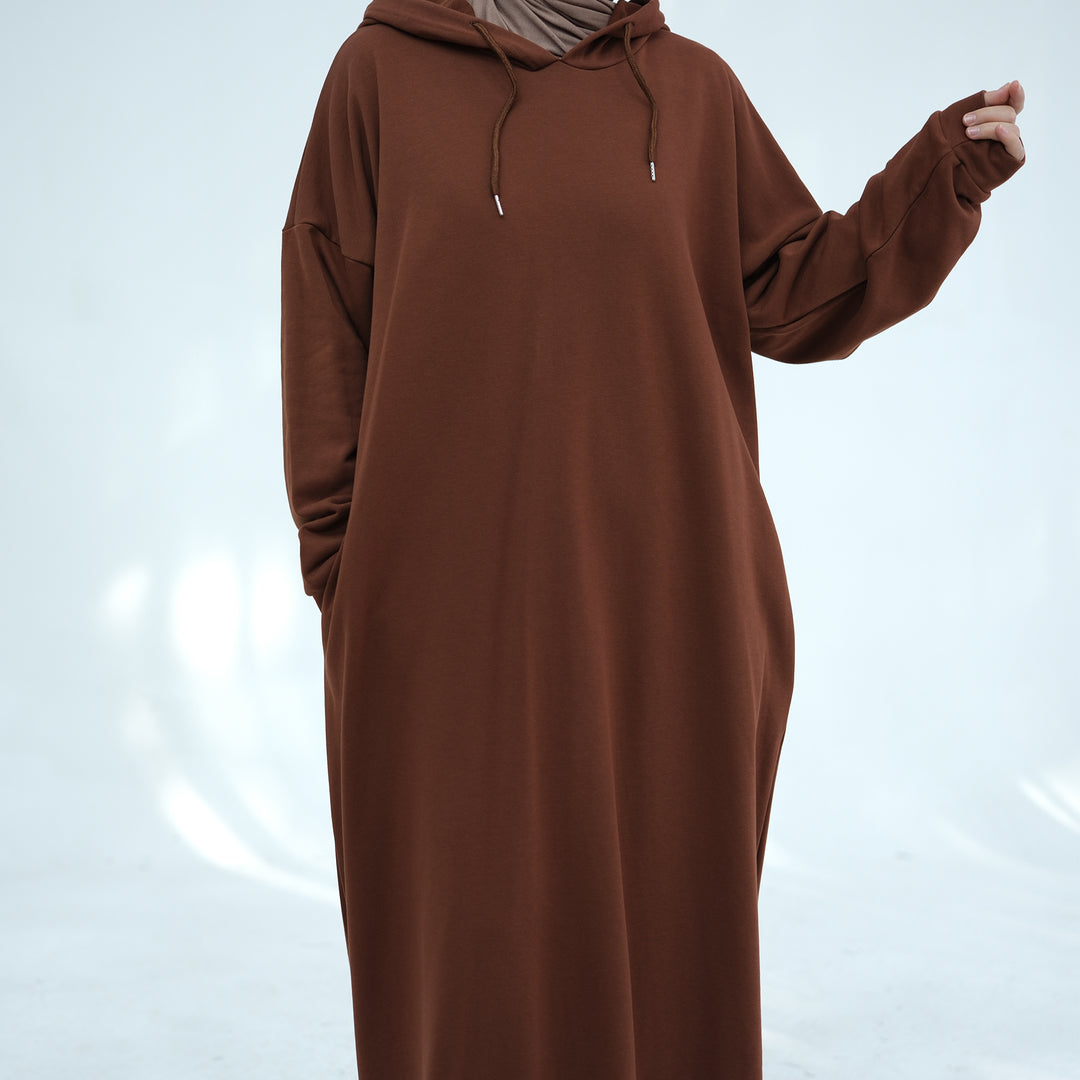 Get trendy with Alora Cotton Hoodie Abaya - Brown -  available at Voilee NY. Grab yours for $59.90 today!