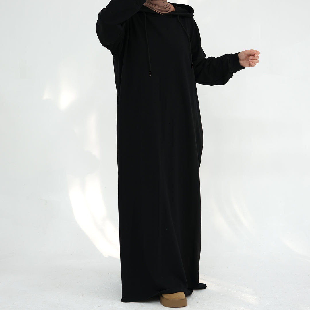 Get trendy with Alora Cotton Hoodie Abaya - Black -  available at Voilee NY. Grab yours for $59.90 today!