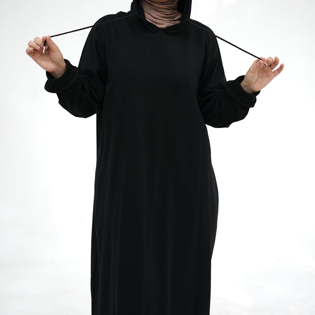 Get trendy with Alora Cotton Hoodie Abaya - Black -  available at Voilee NY. Grab yours for $59.90 today!