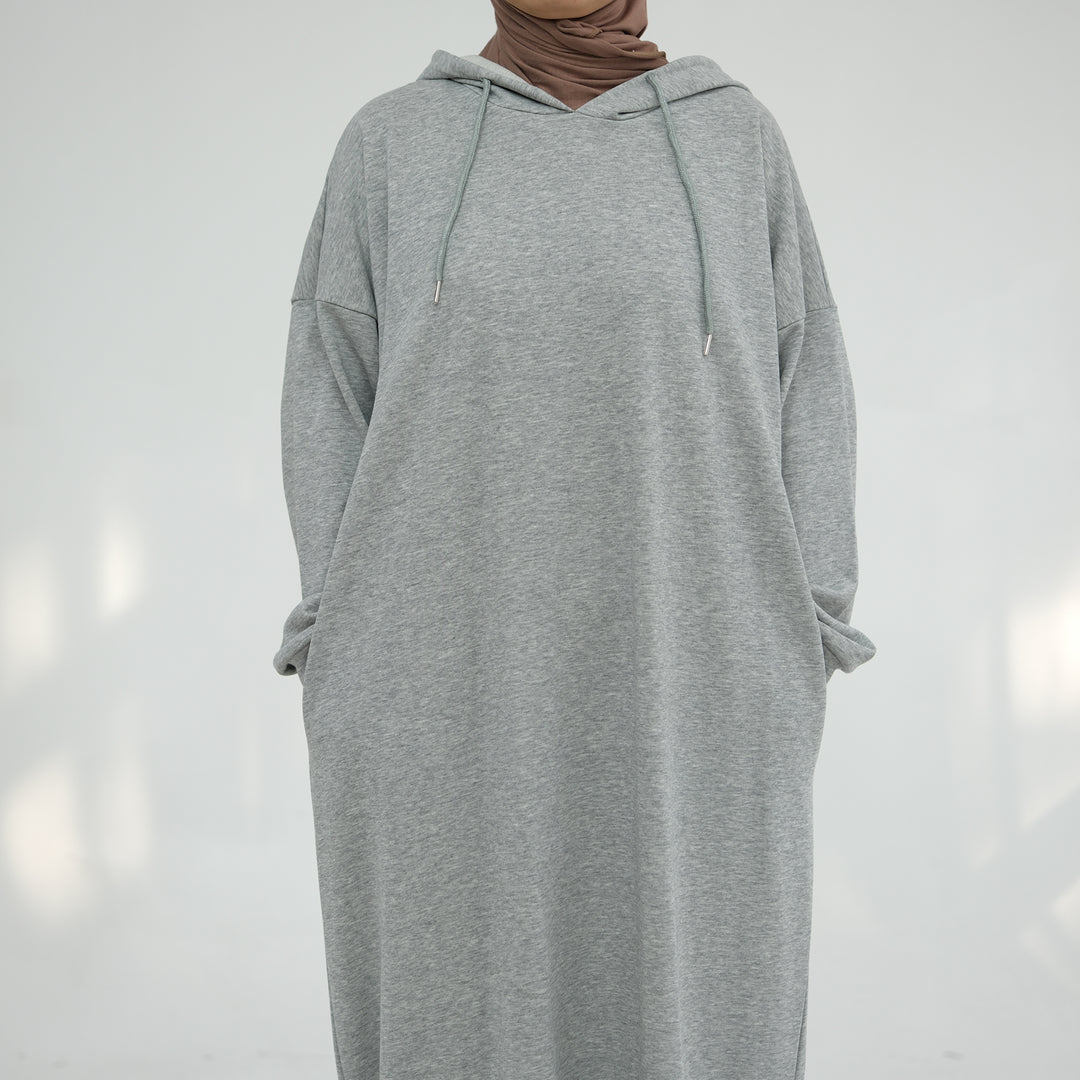 Get trendy with Alora Cotton Hoodie Abaya - Heather Gray -  available at Voilee NY. Grab yours for $59.90 today!