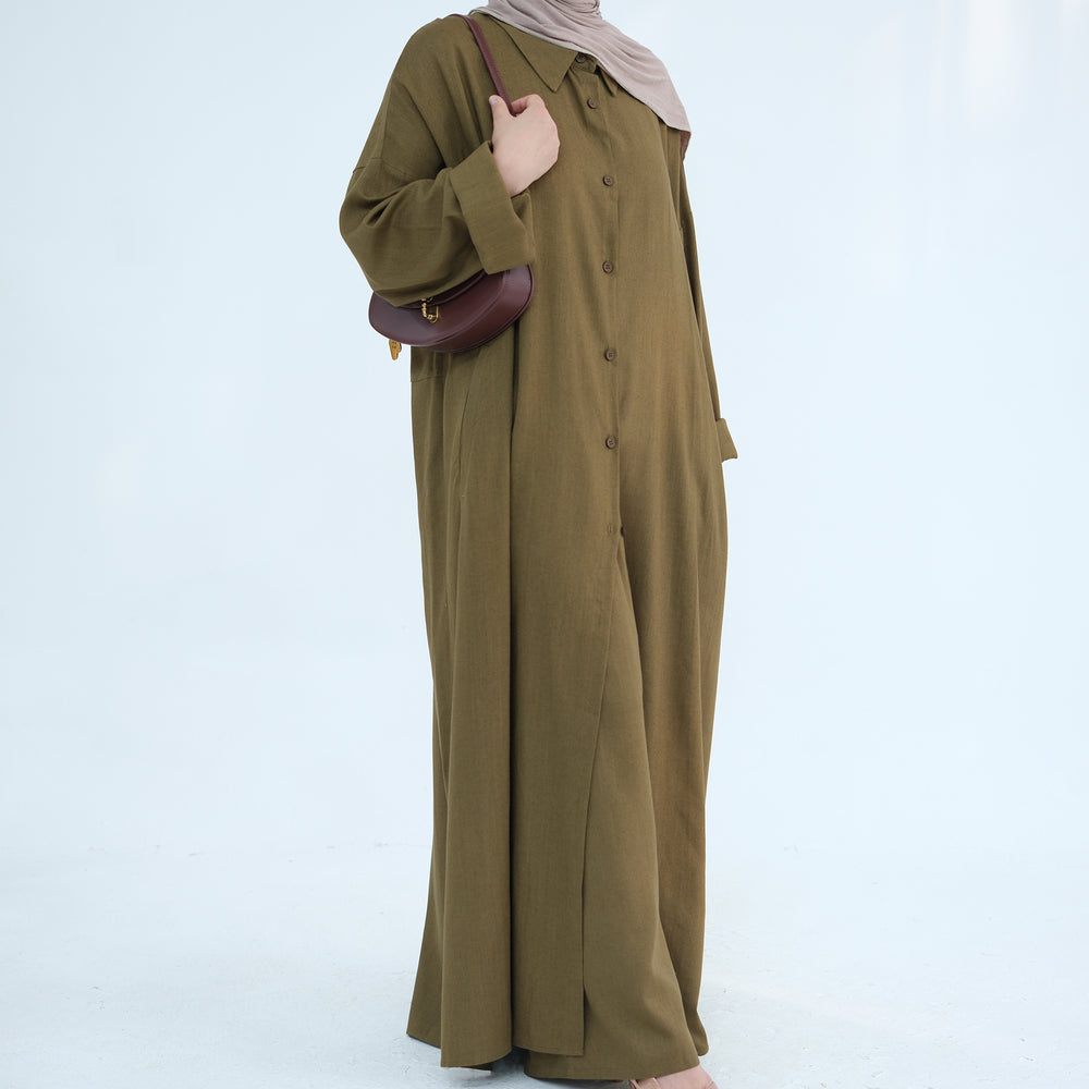 Get trendy with Zelda Modest Pants Set - Olive - Pants set available at Voilee NY. Grab yours for $79.90 today!