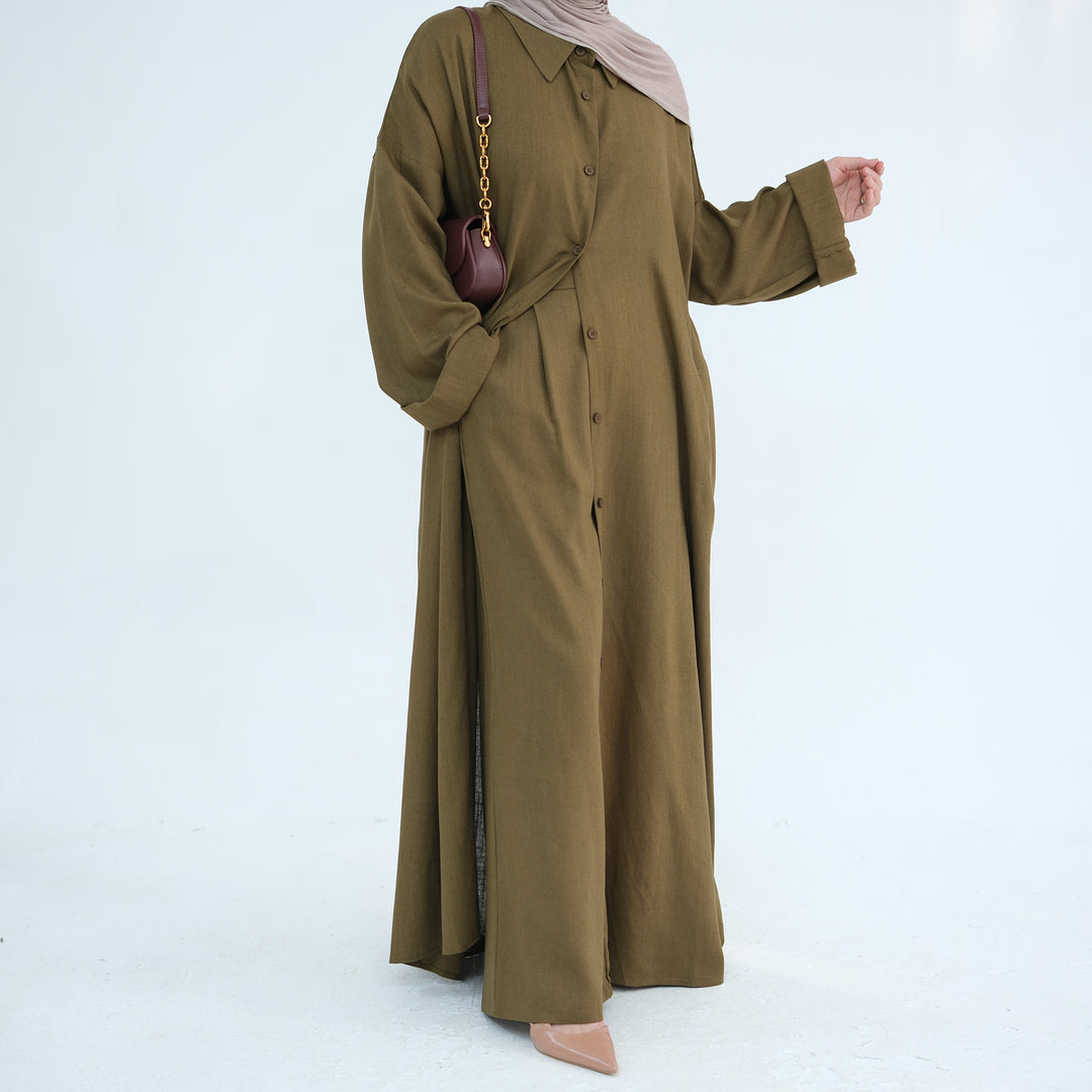 Get trendy with Zelda Modest Pants Set - Olive - Pants set available at Voilee NY. Grab yours for $79.90 today!