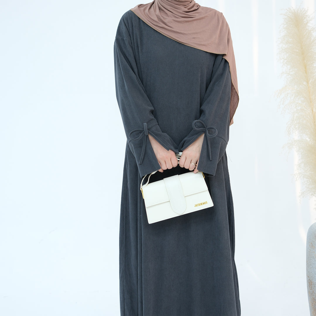 Get trendy with Tara Corduroy Abaya Dress - Gray - Dresses available at Voilee NY. Grab yours for $62.90 today!