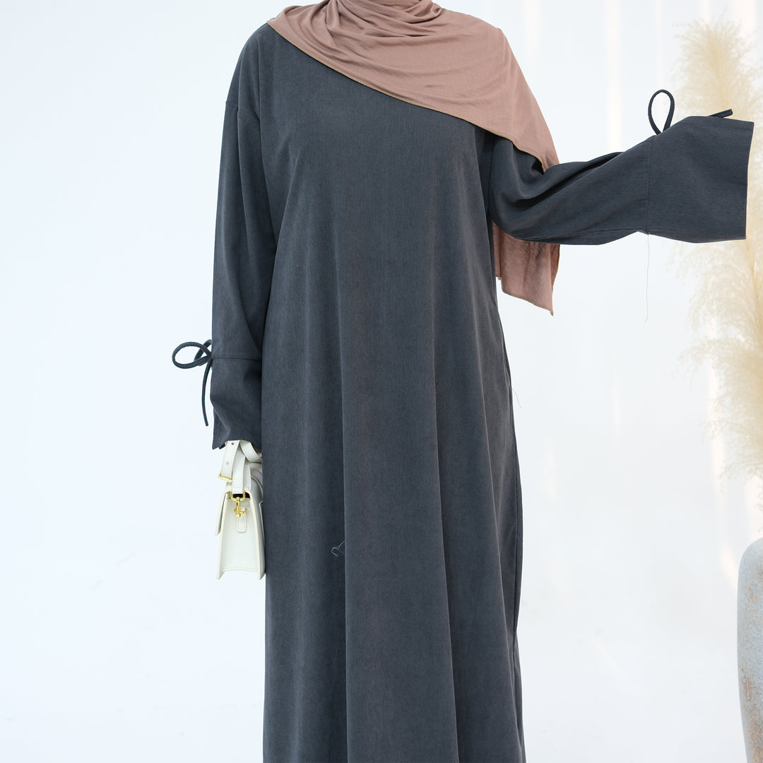 Get trendy with Tara Corduroy Abaya Dress - Gray - Dresses available at Voilee NY. Grab yours for $62.90 today!