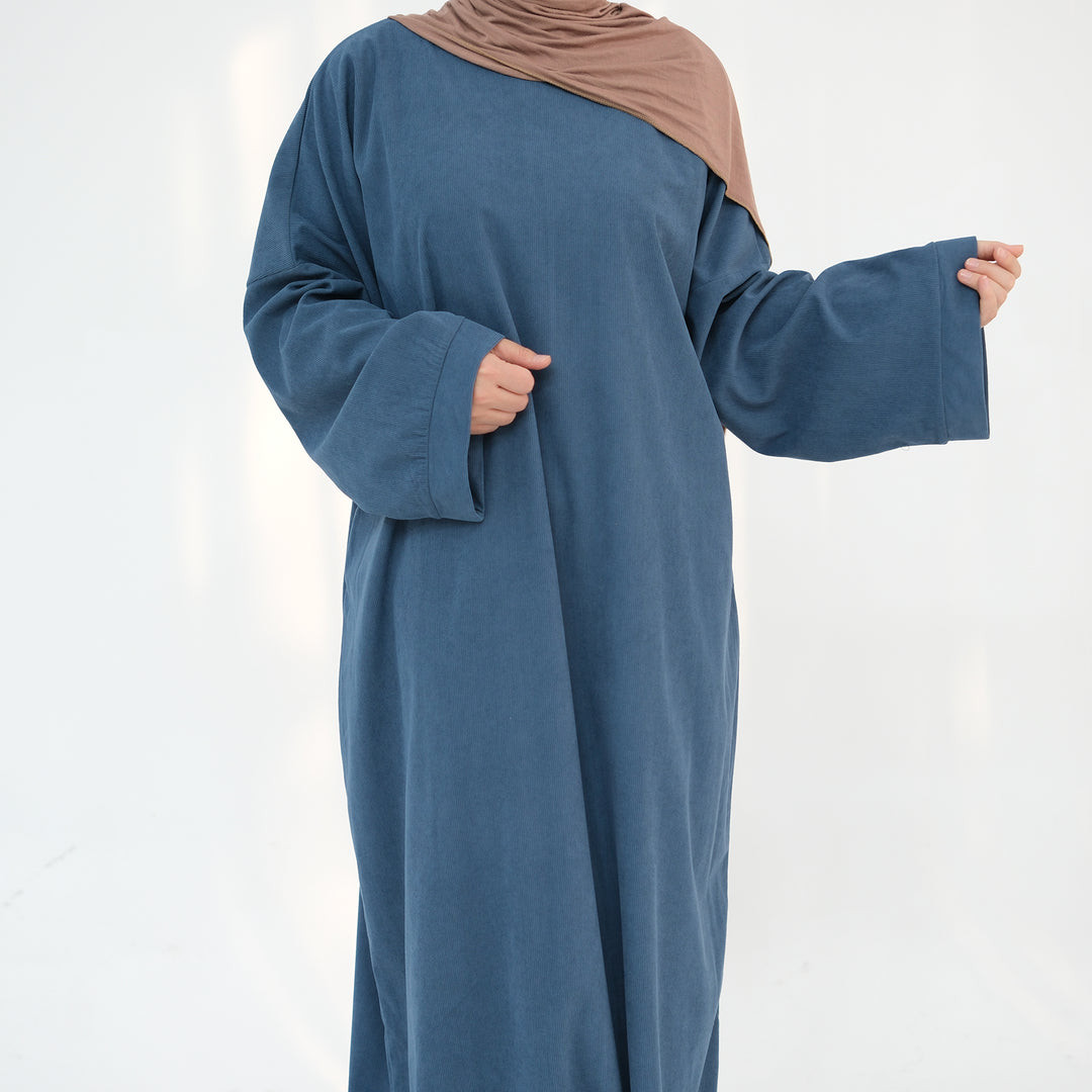 Get trendy with Annan Corduroy Abaya Dress - Teal - Dresses available at Voilee NY. Grab yours for $62.90 today!