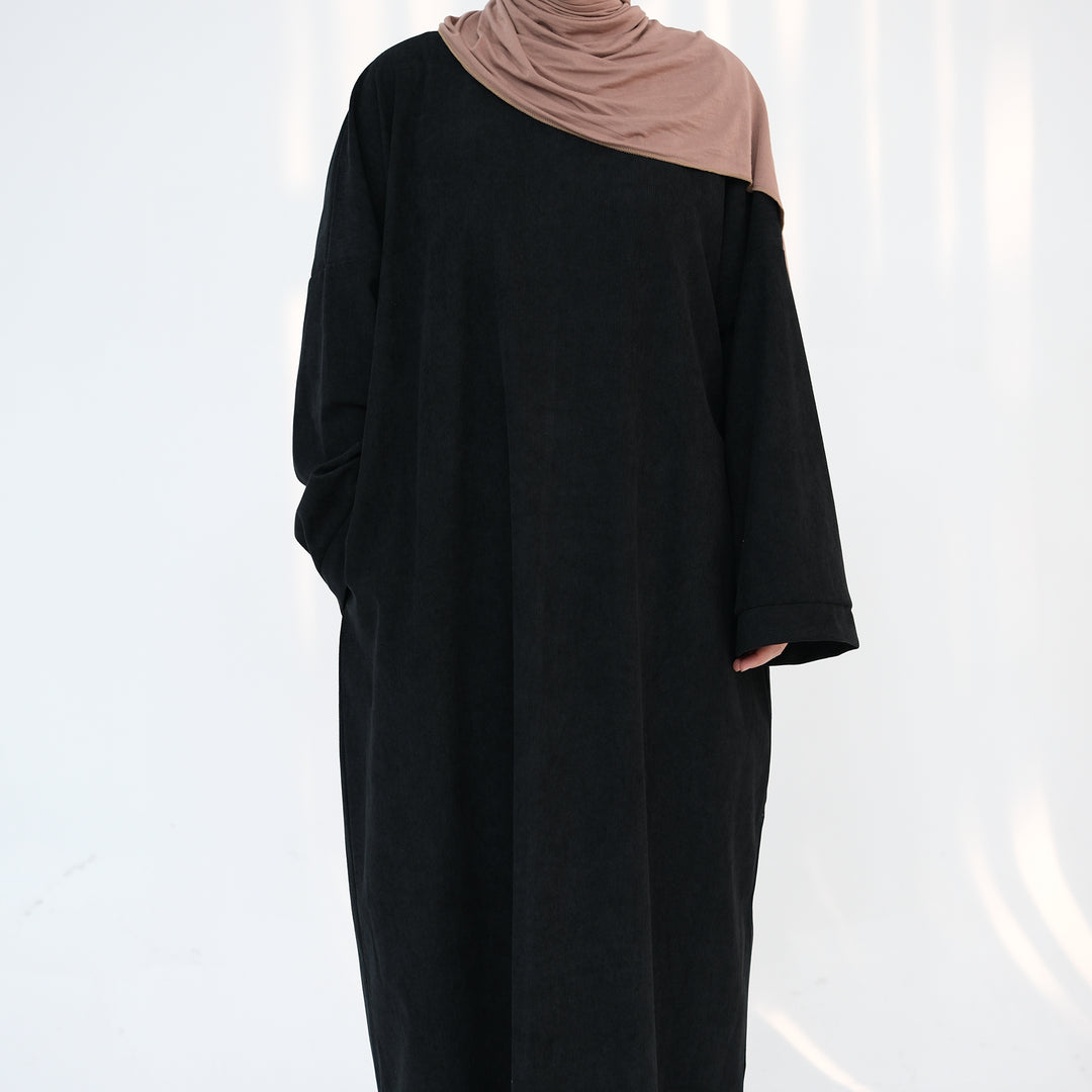 Get trendy with Annan Corduroy Abaya Dress - Black - Dresses available at Voilee NY. Grab yours for $62.90 today!