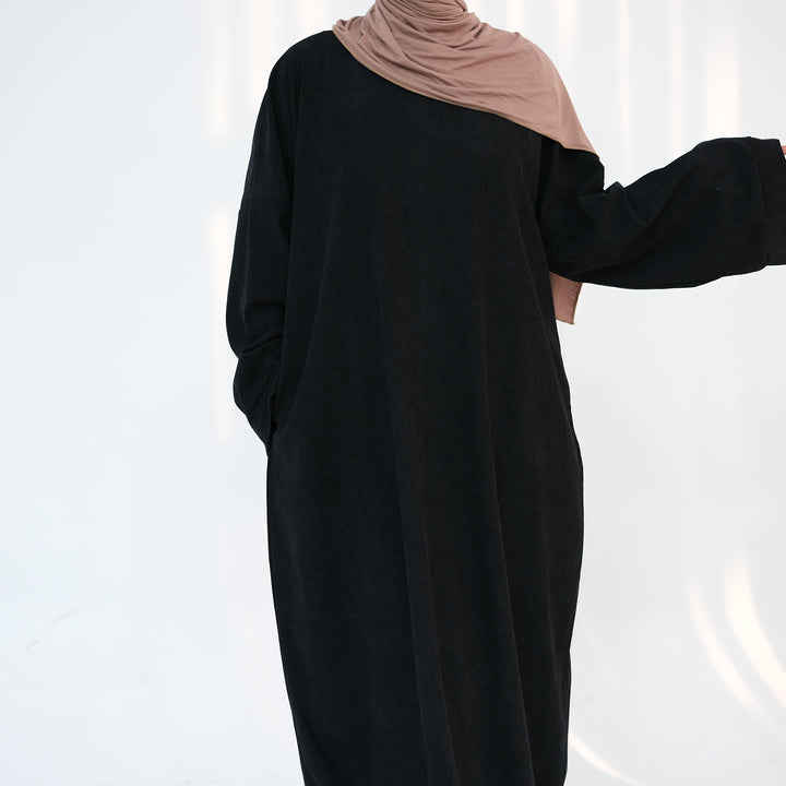 Get trendy with Annan Corduroy Abaya Dress - Black - Dresses available at Voilee NY. Grab yours for $62.90 today!