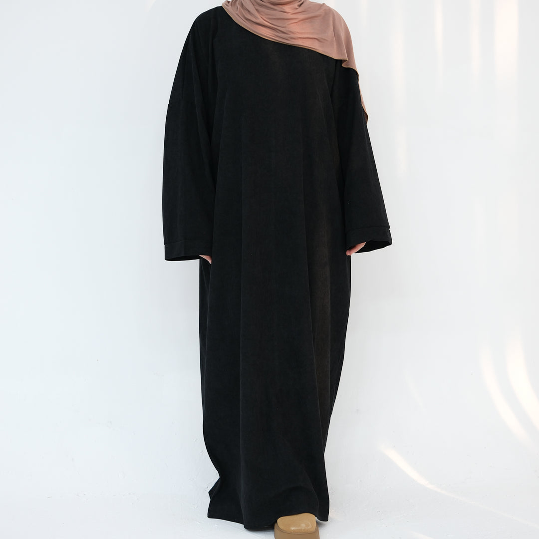 Get trendy with Annan Corduroy Abaya Dress - Black - Dresses available at Voilee NY. Grab yours for $62.90 today!