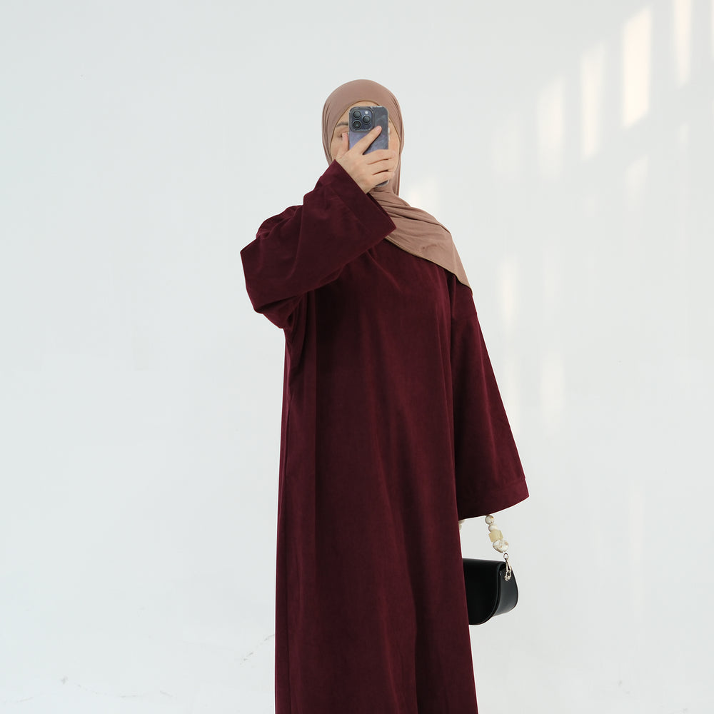 Get trendy with Annan Corduroy Abaya Dress - Wine - Dresses available at Voilee NY. Grab yours for $62.90 today!