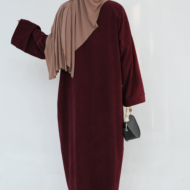 Get trendy with Annan Corduroy Abaya Dress - Wine - Dresses available at Voilee NY. Grab yours for $62.90 today!