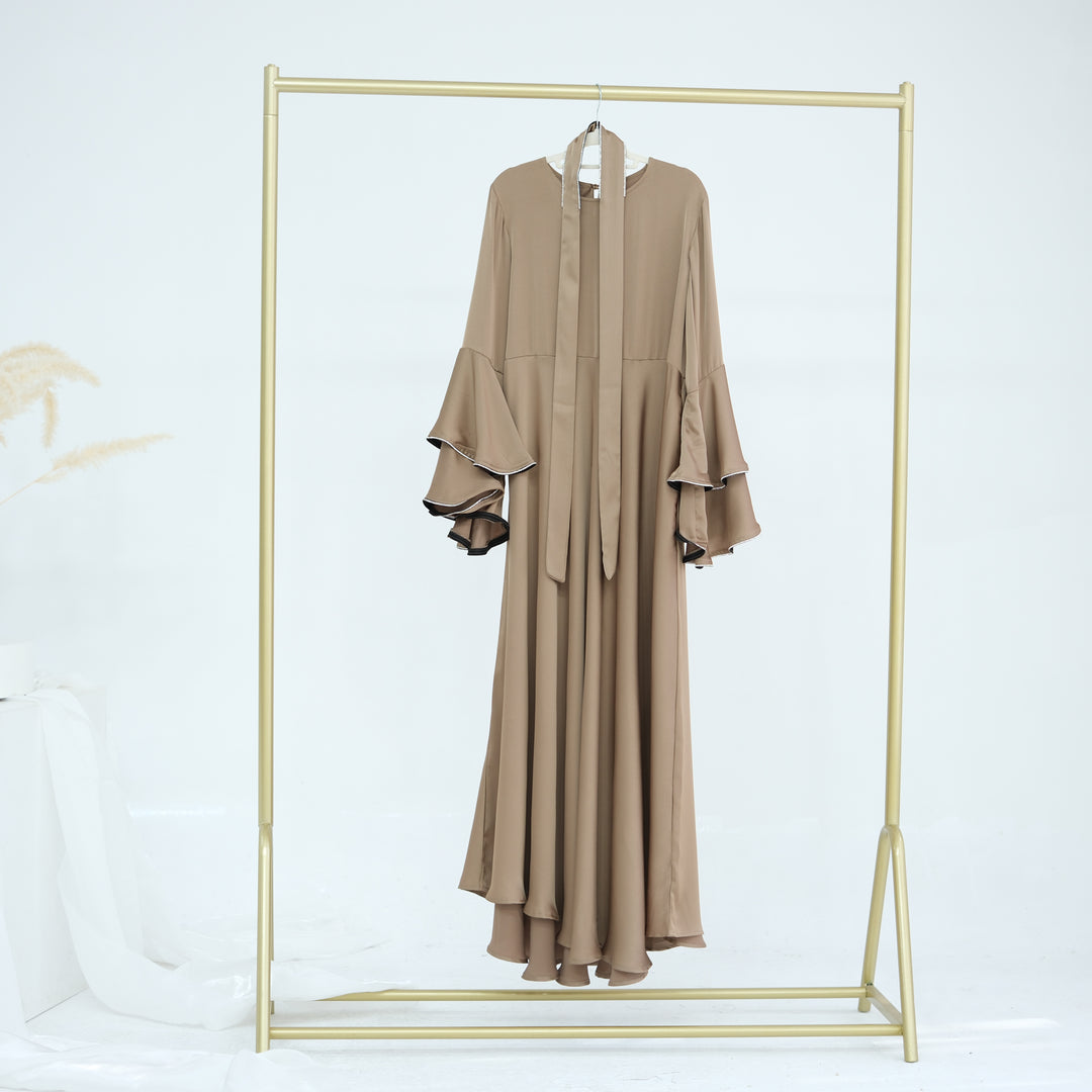 Get trendy with Naomi Satin Bell Sleeves Maxi Dress - Beige - Dresses available at Voilee NY. Grab yours for $67.90 today!