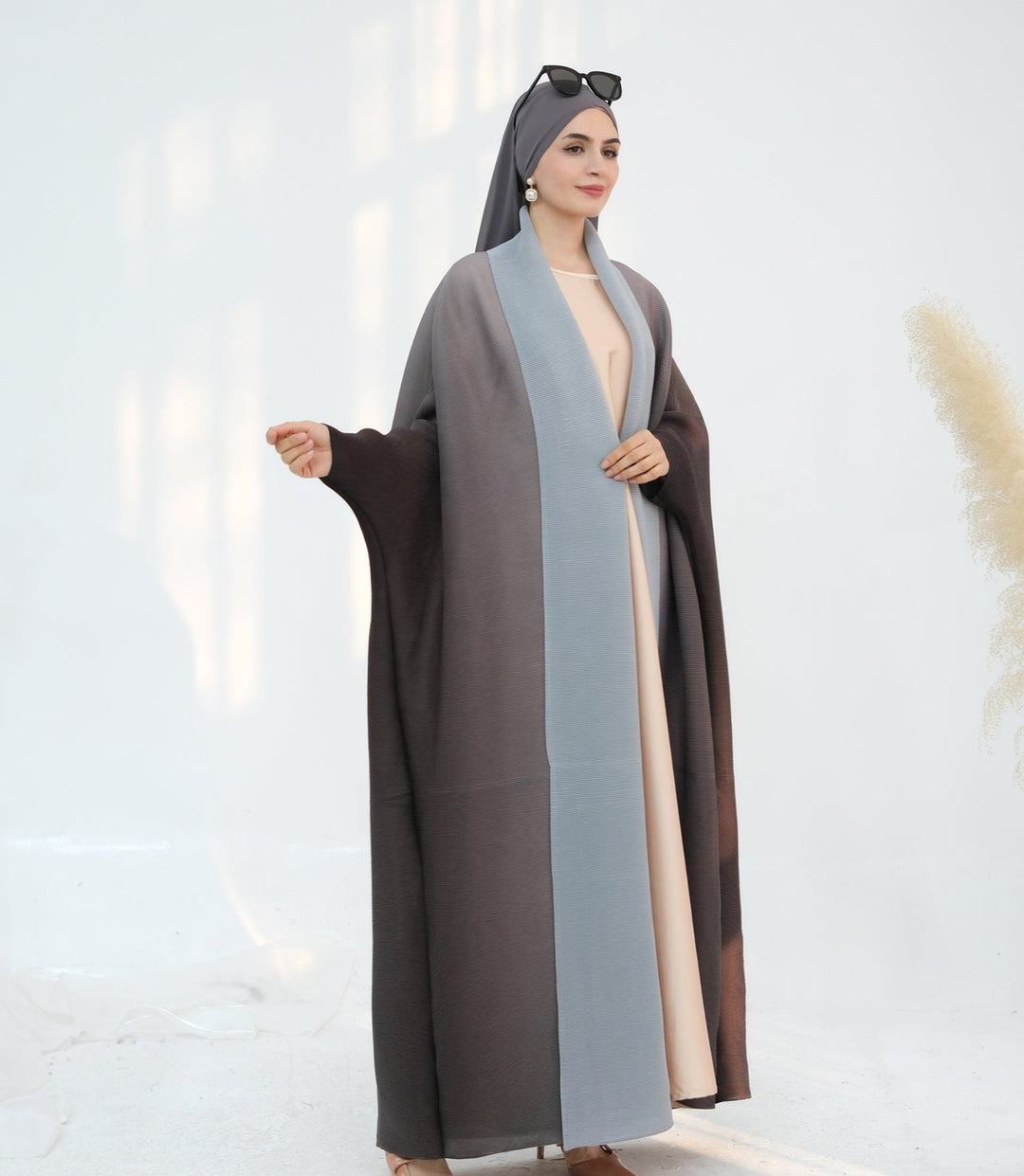 Get trendy with Kenyat Pleated Ombre Kimono Open Abaya - Brown - Cardigan available at Voilee NY. Grab yours for $69.90 today!