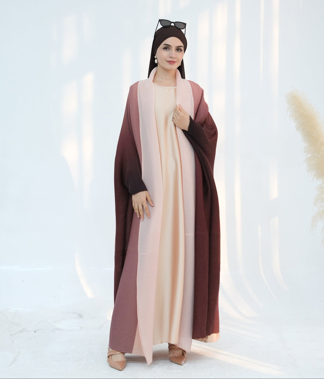 Get trendy with Kenyat Pleated Ombre Kimono Open Abaya - Brick - Cardigan available at Voilee NY. Grab yours for $69.90 today!