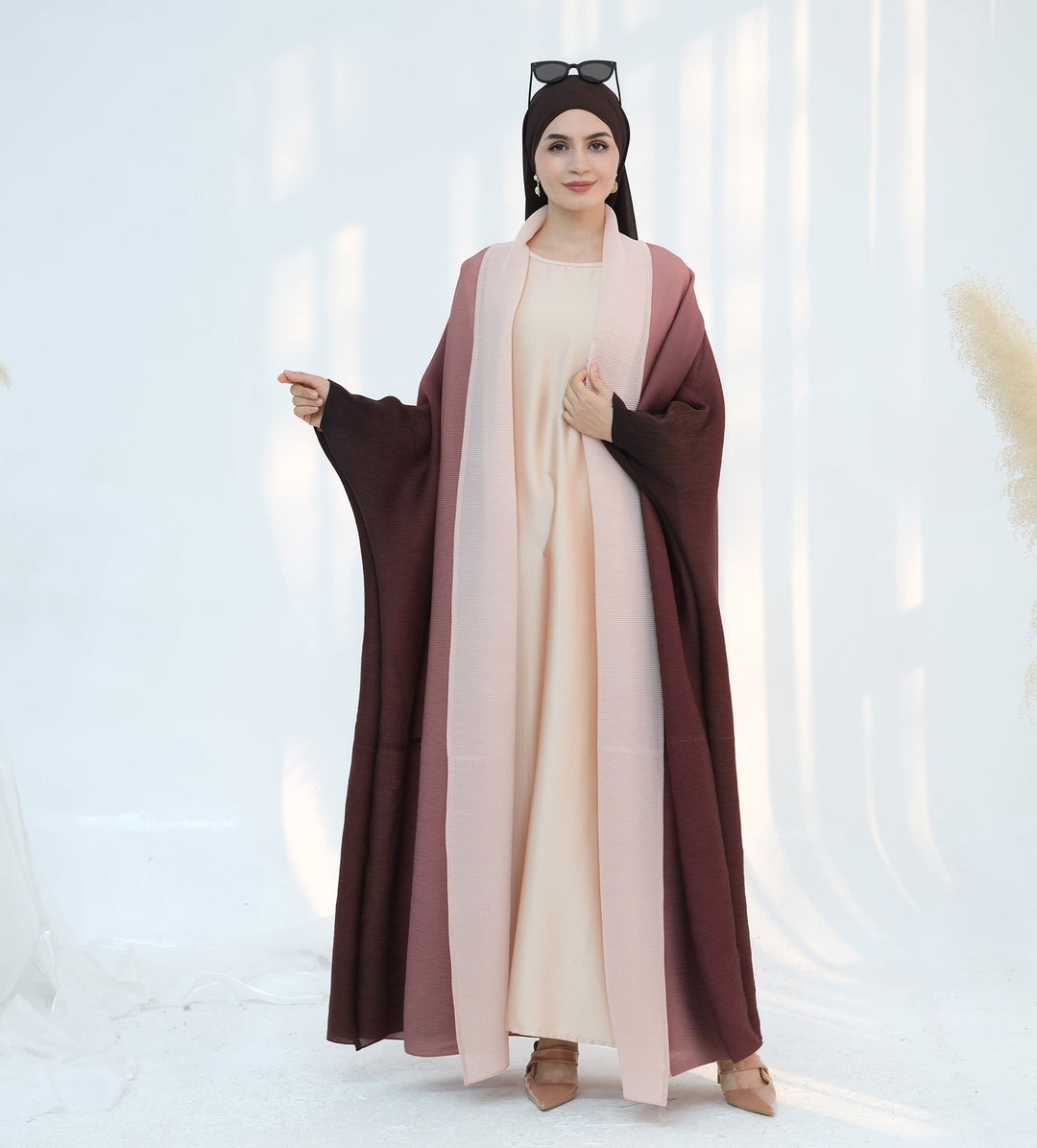 Get trendy with Kenyat Pleated Ombre Kimono Open Abaya - Brick - Cardigan available at Voilee NY. Grab yours for $69.90 today!