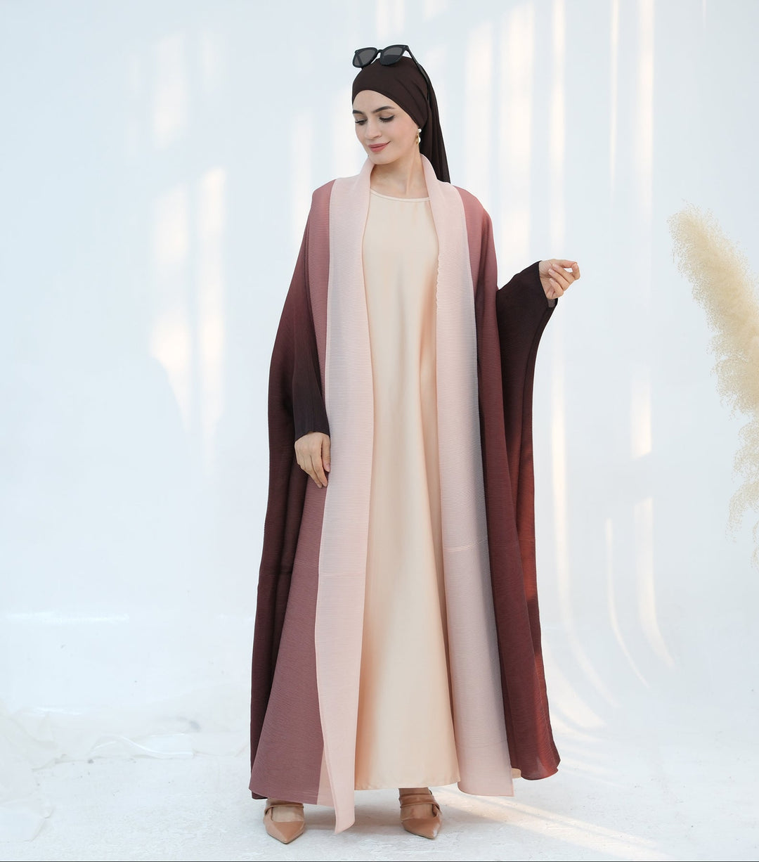 Get trendy with Kenyat Pleated Ombre Kimono Open Abaya - Brick - Cardigan available at Voilee NY. Grab yours for $69.90 today!