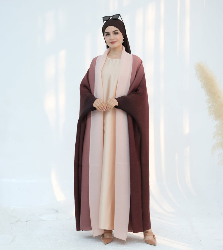 Get trendy with Kenyat Pleated Ombre Kimono Open Abaya - Brick - Cardigan available at Voilee NY. Grab yours for $69.90 today!