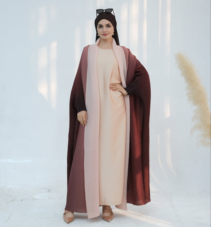 Get trendy with Kenyat Pleated Ombre Kimono Open Abaya - Brick - Cardigan available at Voilee NY. Grab yours for $69.90 today!