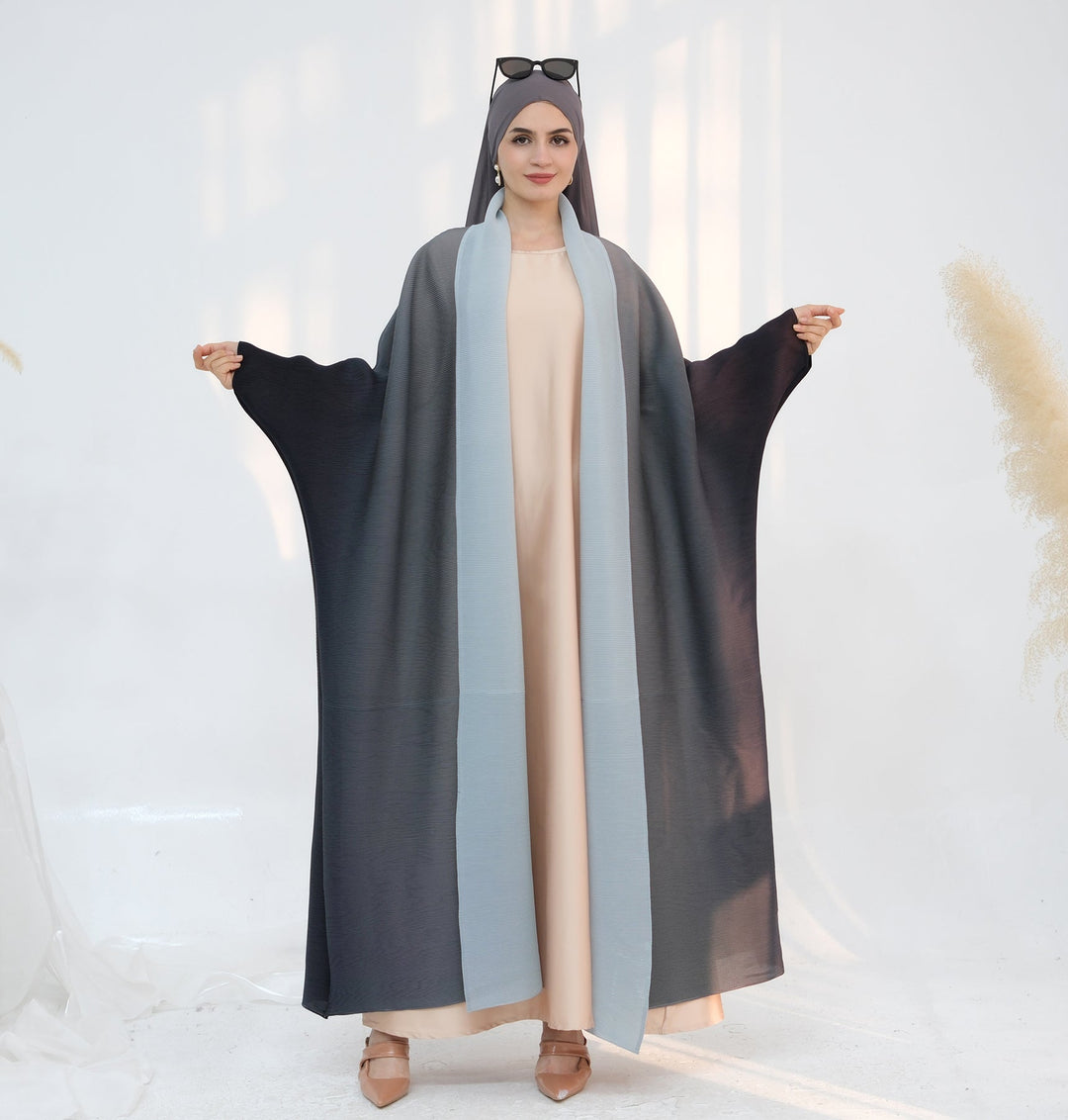 Get trendy with Kenyat Pleated Ombre Kimono Open Abaya - Gray - Cardigan available at Voilee NY. Grab yours for $69.90 today!