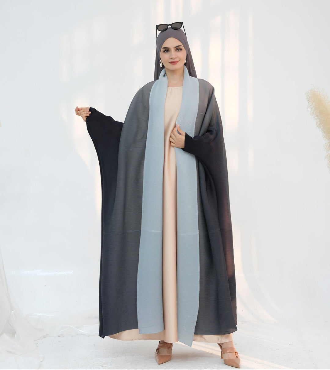 Get trendy with Kenyat Pleated Ombre Kimono Open Abaya - Gray - Cardigan available at Voilee NY. Grab yours for $69.90 today!