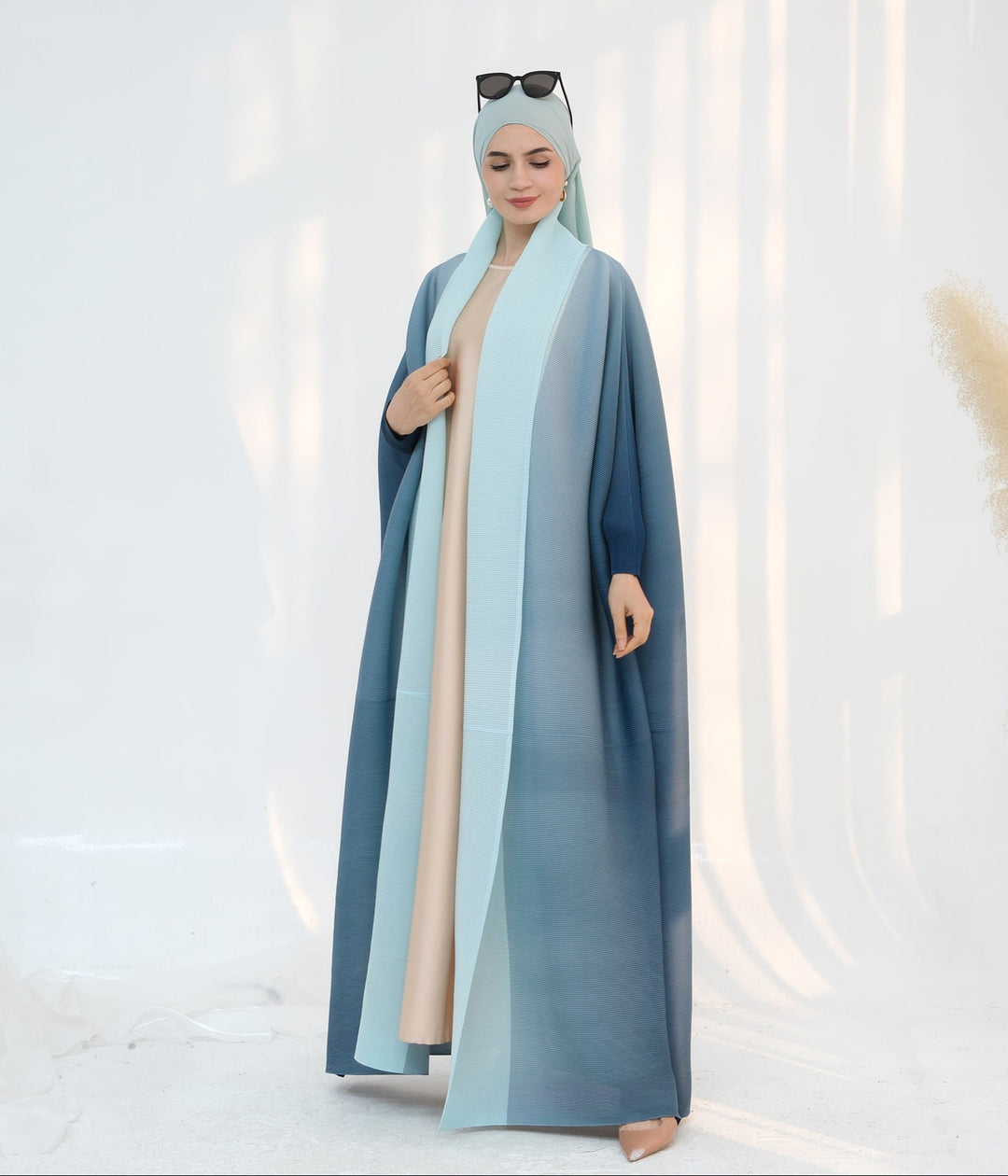 Get trendy with Kenyat Pleated Ombre Kimono Open Abaya - Blue - Cardigan available at Voilee NY. Grab yours for $69.90 today!