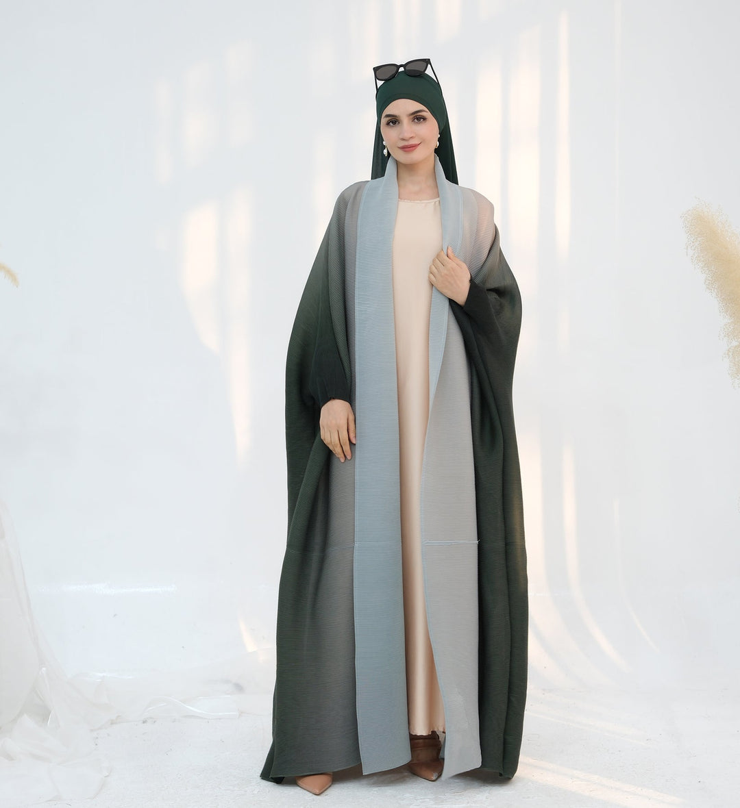 Get trendy with Kenyat Pleated Ombre Kimono Open Abaya - Green - Cardigan available at Voilee NY. Grab yours for $69.90 today!