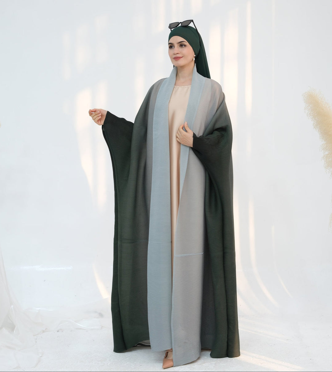 Get trendy with Kenyat Pleated Ombre Kimono Open Abaya - Green - Cardigan available at Voilee NY. Grab yours for $69.90 today!