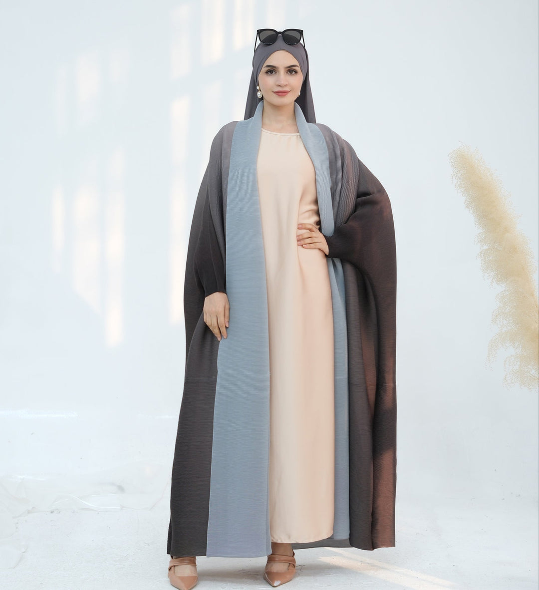 Get trendy with Kenyat Pleated Ombre Kimono Open Abaya - Brown - Cardigan available at Voilee NY. Grab yours for $69.90 today!