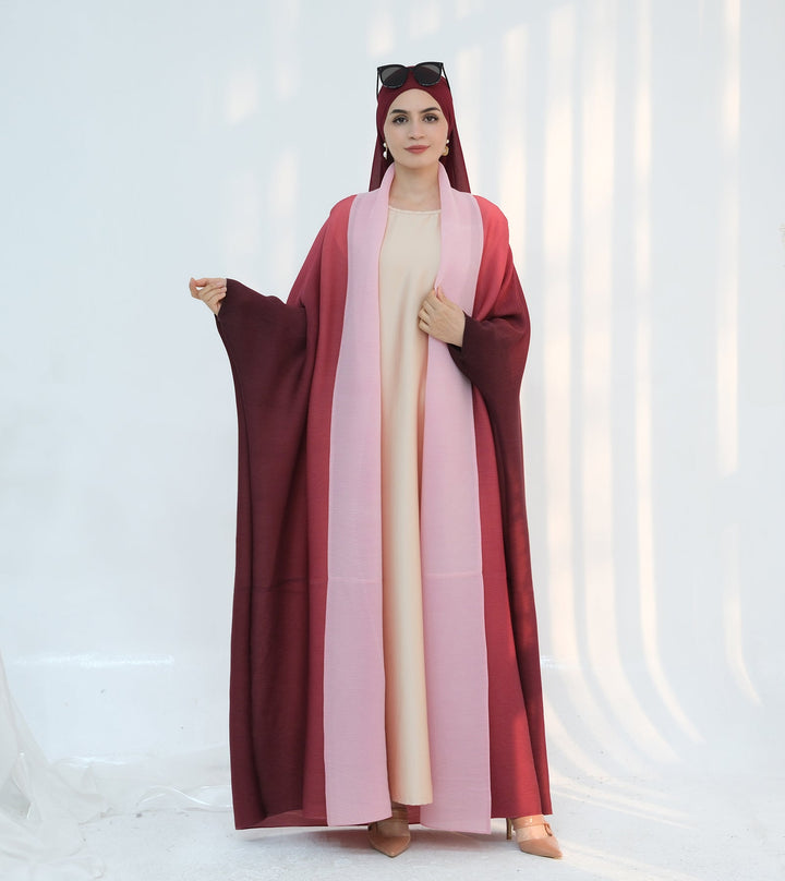 Get trendy with Kenyat Pleated Ombre Kimono Open Abaya - Pink - Cardigan available at Voilee NY. Grab yours for $69.90 today!